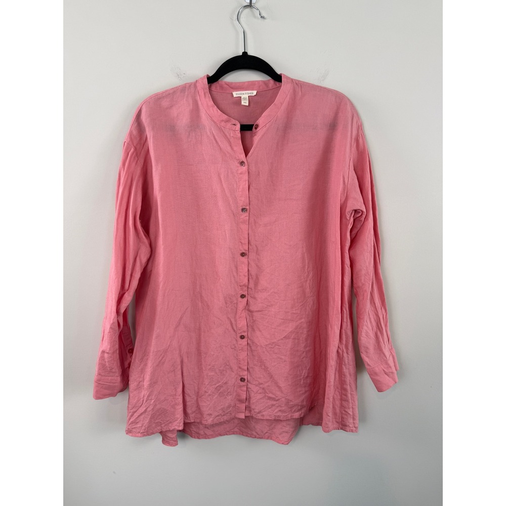 Eileen Fisher Blouse Pink M Organic Linen Mandarin Collar Long Sleeve Tunic